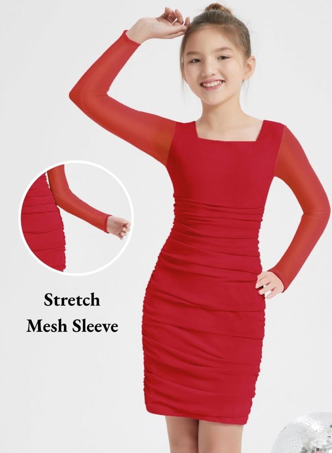 EXARUS Girls Teen Easter Dress Spaghetti Strap/Long Sleeve Party Dance Graduation Tween Tight Cute Bodycon Short Dresses, Long Sleeve Red, 12 Years - Image 5