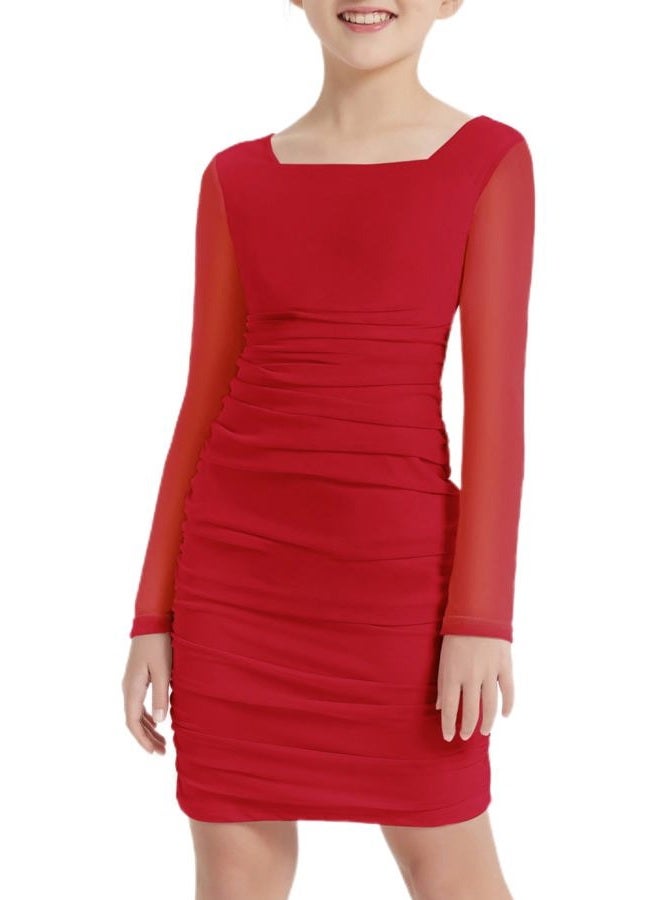 EXARUS Girls Teen Easter Dress Spaghetti Strap/Long Sleeve Party Dance Graduation Tween Tight Cute Bodycon Short Dresses, Long Sleeve Red, 12 Years - Image 1