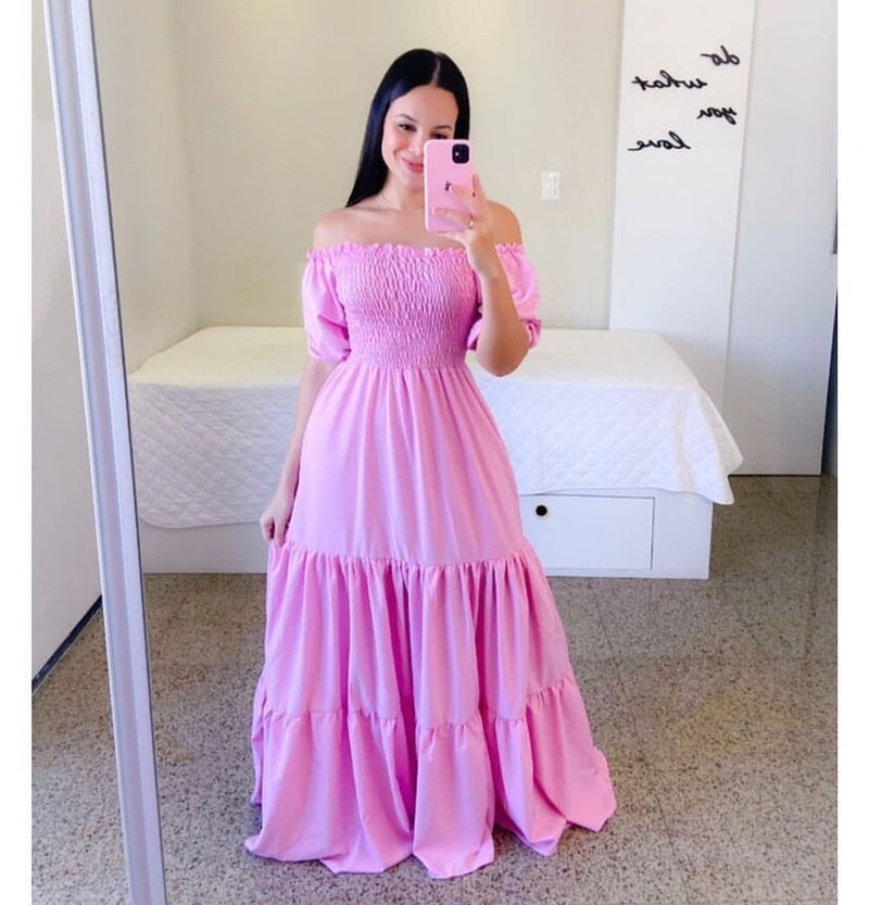2025 cross-border new spring and summer European and American womens dress off-shoulder floral off-shoulder long color fairy skirt Light rose red