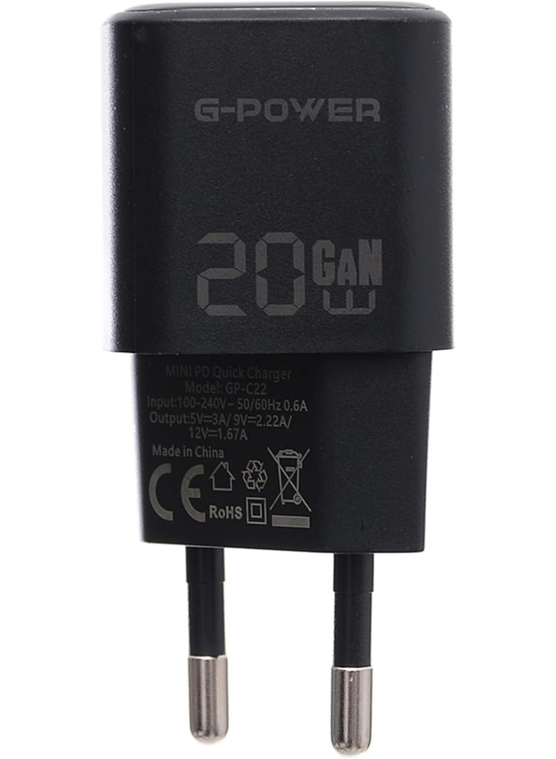 جي باور شاحن سريع G-Power GP-C22 بقوة 20 واط بمنفذ USB-C واحد، متوافق مع أجهزة iPhone 16/14/14 Plus/14 Pro/14 Pro Max/13، وSamsung، وXiaomi، وPixel 4/3، وiPad - أسود - Image 2