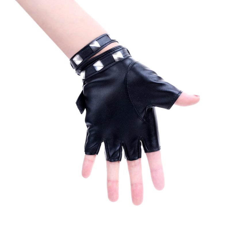 JISEN Women Punk Belt Up Half Finger PU Leather Performance Gloves Black - Image 3