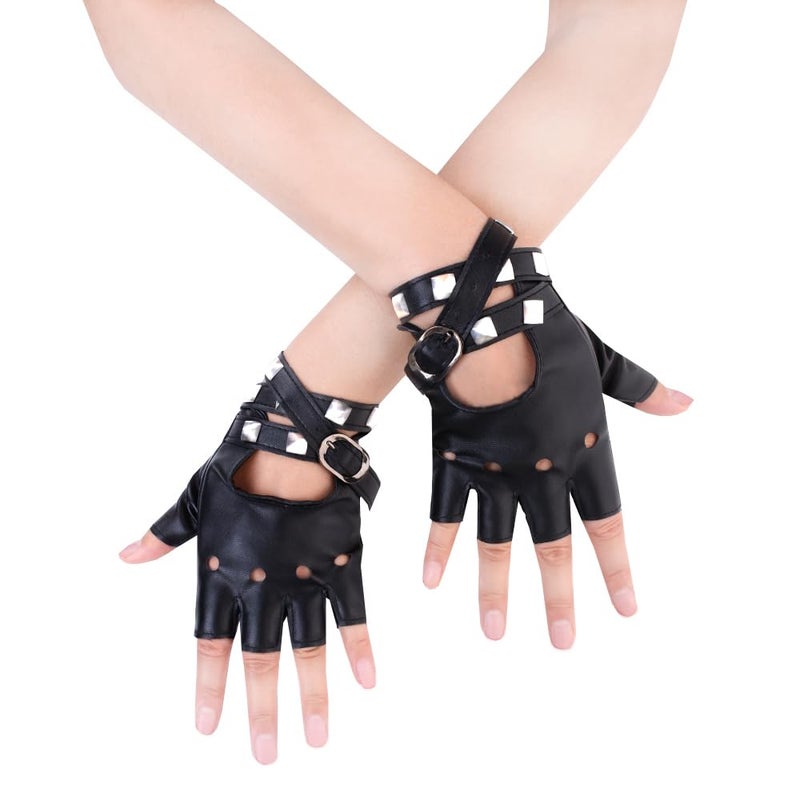 JISEN Women Punk Belt Up Half Finger PU Leather Performance Gloves Black - Image 1