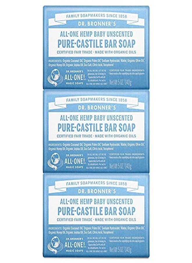 Dr. Bronner's Dr. Bronner?S - Pure-Castile Bar Soap (Baby Unscented, 5 Ounce, 3-Pack) - Made With Organic Oils, For Face, Body, Hair, Gentle For Sensitive Skin, Babies, No Added Fragrance, Biodegradable, Vegan  - Image 1