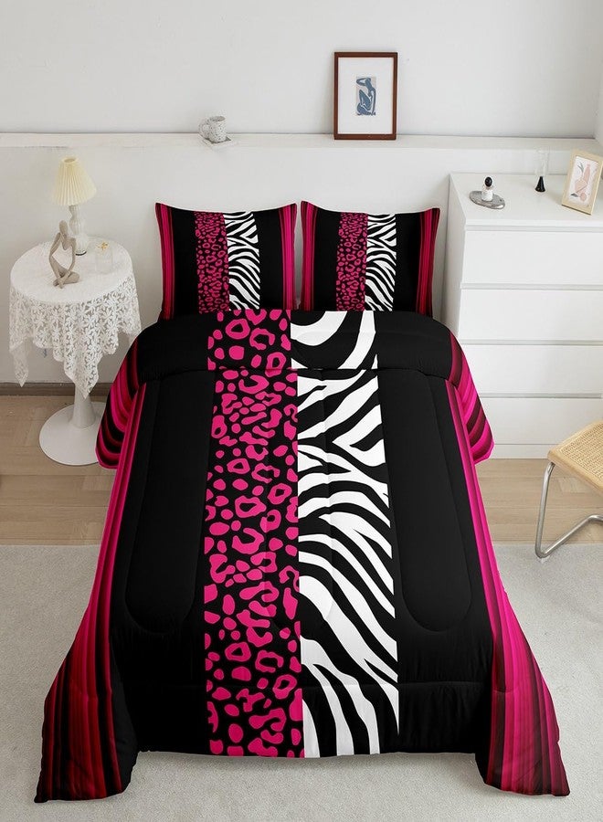 Feelyou Leopard Zebra Reversible Comforter Set Twin Size Ombre Hot Pink Black Bedding Set for Decor Cheetah Comforter Animal Print Duvet Set Bedroom Quilt Set 2Pcs - Image 1