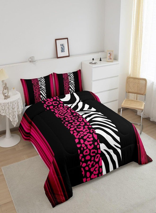 Feelyou Leopard Zebra Reversible Comforter Set Twin Size Ombre Hot Pink Black Bedding Set for Decor Cheetah Comforter Animal Print Duvet Set Bedroom Quilt Set 2Pcs - Image 3