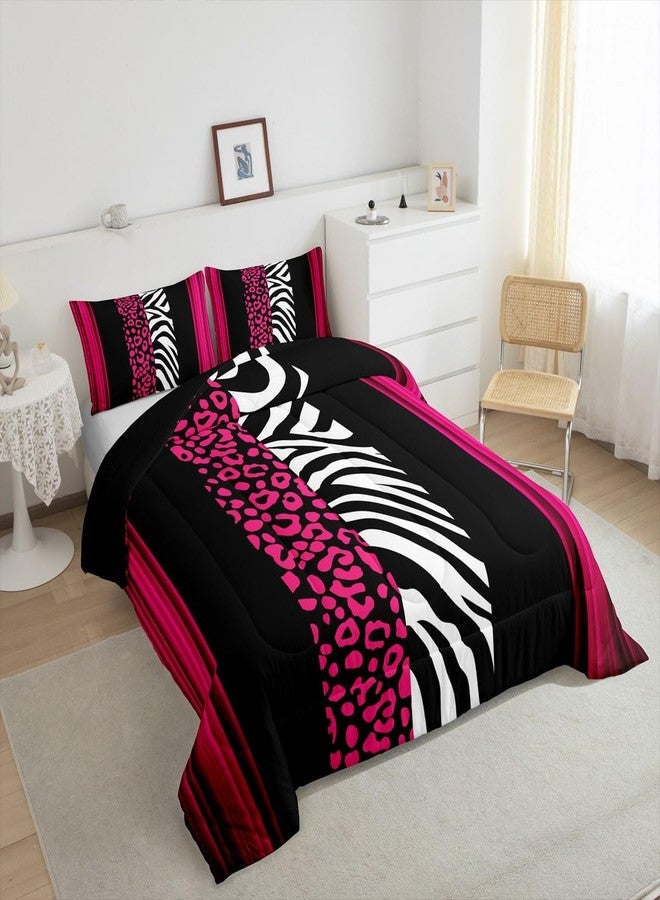 Feelyou Leopard Zebra Reversible Comforter Set Twin Size Ombre Hot Pink Black Bedding Set for Decor Cheetah Comforter Animal Print Duvet Set Bedroom Quilt Set 2Pcs - Image 2