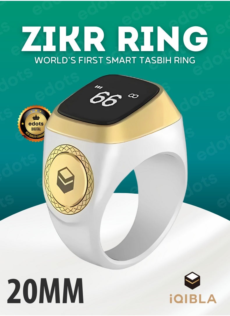 iQIBLA Smart Zikr Ring - 20MM Prayer Counter, Tasbih Counter & Muslim Prayer Time Reminder, Waterproof Wearable Technology, White  - Image 1