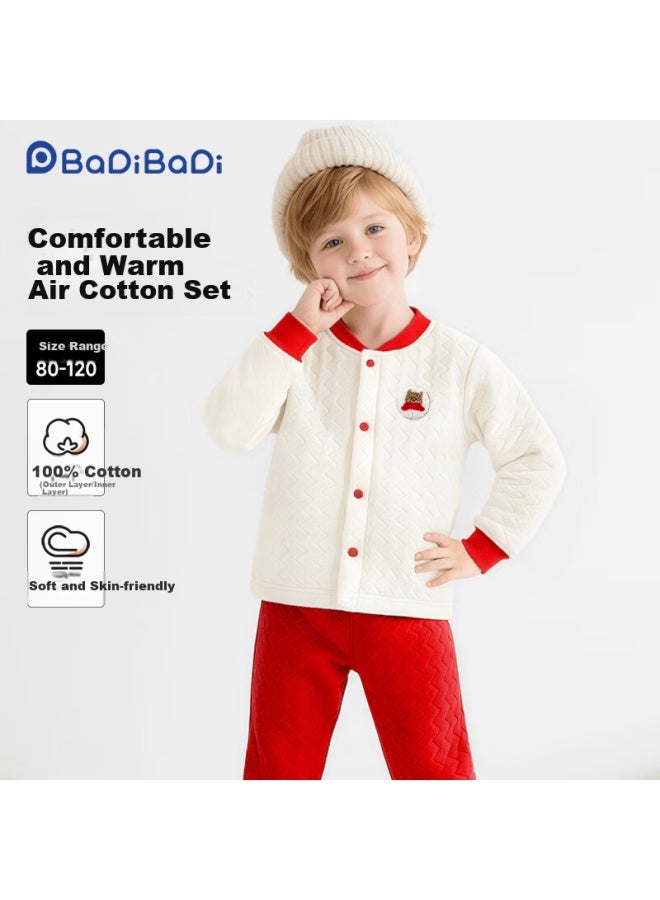Badibadi Autumn Winter New Thickened Cotton-padded Baby Toddler Children's Homewear Pajama Set Outwear Red White Scarf Bear Size 80 - Image 1