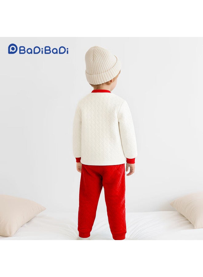 Badibadi Autumn Winter New Thickened Cotton-padded Baby Toddler Children's Homewear Pajama Set Outwear Red White Scarf Bear Size 80 - Image 2