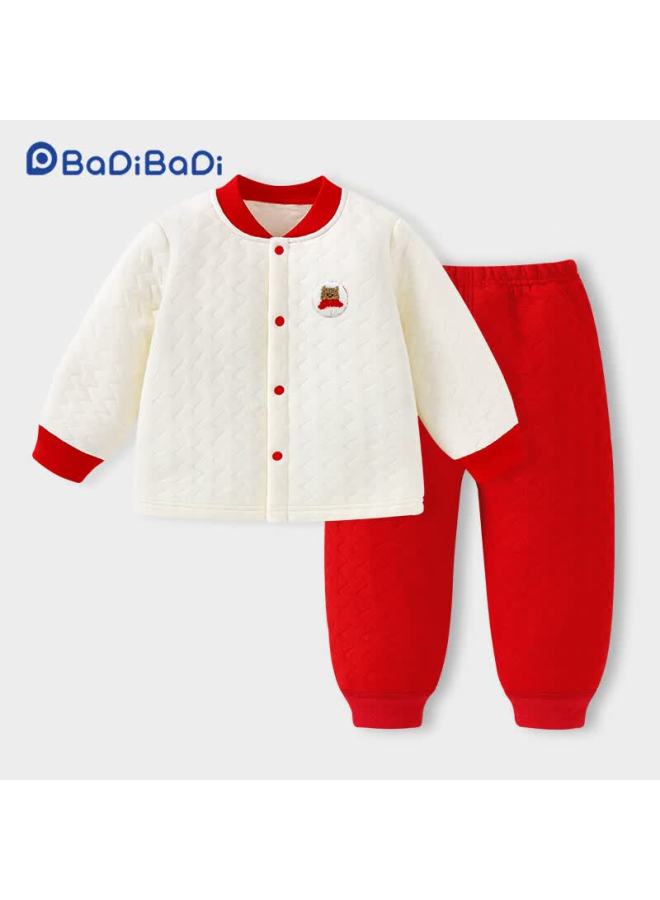 Badibadi Autumn Winter New Thickened Cotton-padded Baby Toddler Children's Homewear Pajama Set Outwear Red White Scarf Bear Size 80 - Image 3