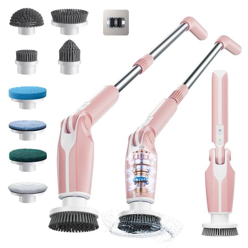 Leebein Electric Spin Scrubber 2024 New Electric Scrubber with 4 Adjustable Angles and 8 Brush Heads Shower Scrubber with Long Handle  Remote Control Cleaning Brush for Bathroom Tub FloorWhite