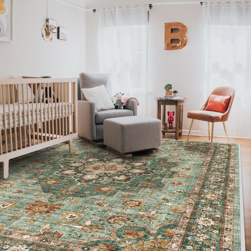 TOPRUUG Washable Oriental Area Rug - 8x10 Rugs for Living Room Soft Carpet for Bedroom Waterproof Floral Distressed Indoor Stain Resistant Non-Shedding Floor Carpets (Green, 8x10) - Image 2