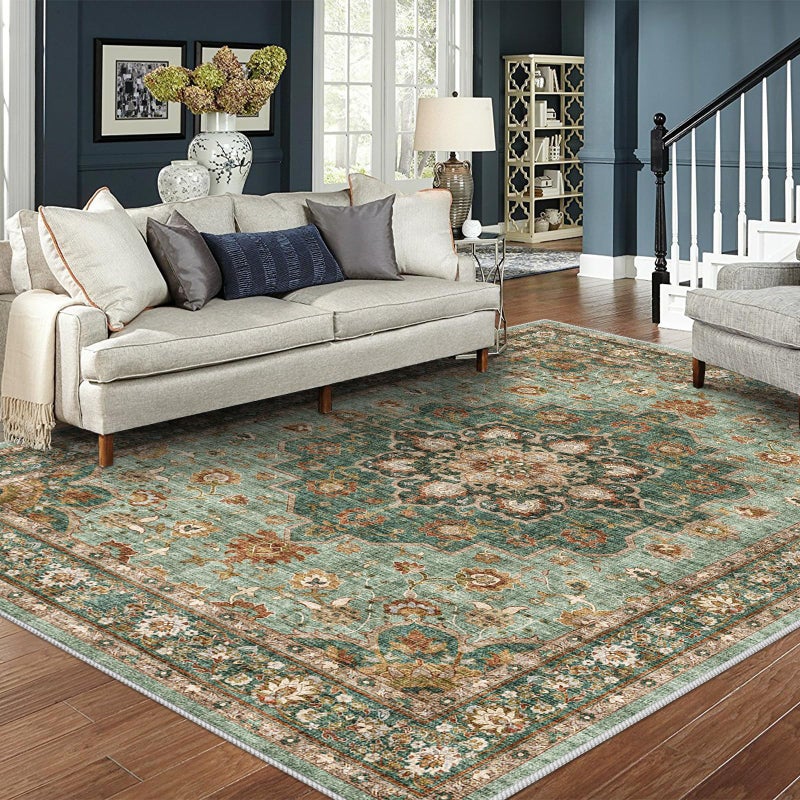 TOPRUUG Washable Oriental Area Rug - 8x10 Rugs for Living Room Soft Carpet for Bedroom Waterproof Floral Distressed Indoor Stain Resistant Non-Shedding Floor Carpets (Green, 8x10) - Image 1