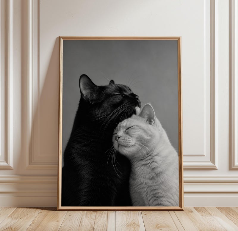 TNESSENTIAL Black and White Cat Poster, Cute Love Cats Wall Art, Minimalist Animal Print, Romantic Pet Decor, Aesthetic Monochrome Photography - Image 1