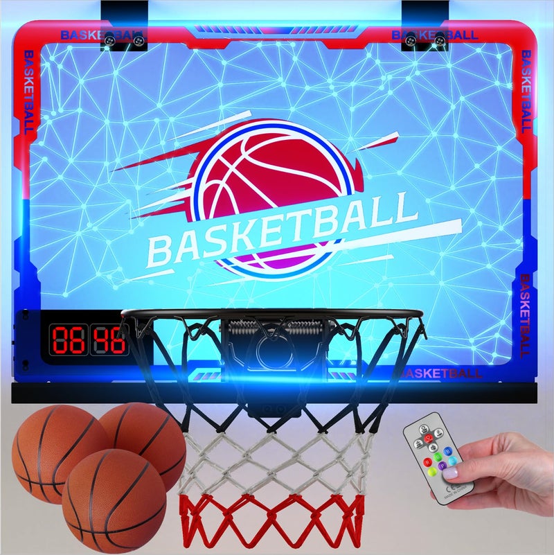 flybakiz Mini Indoor Basketball Hoop with 7-Color Lights & 3-Light Effects & Scoreboard & Timer,Over The Door Bedroom Office Basketball Hoop for 5-7 8-12+ Year Old Kids Boys Birthday - Image 1