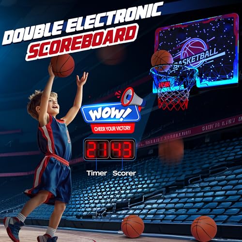 flybakiz Mini Indoor Basketball Hoop with 7-Color Lights & 3-Light Effects & Scoreboard & Timer,Over The Door Bedroom Office Basketball Hoop for 5-7 8-12+ Year Old Kids Boys Birthday - Image 3