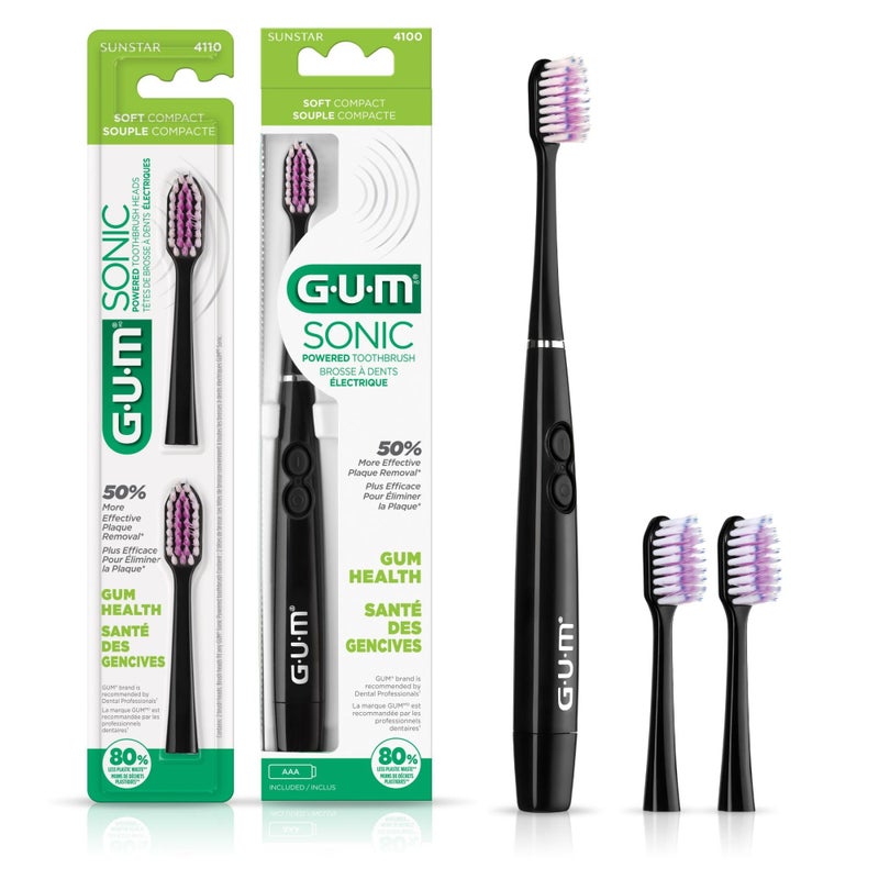 GUM Sonic Powered Toothbrush, Tapered Bristles Clean Below The Gumline, Bundle, Black, 1 Handle(1 Count) + 2 Refills 2 Count(Pack of 1) - Image 1