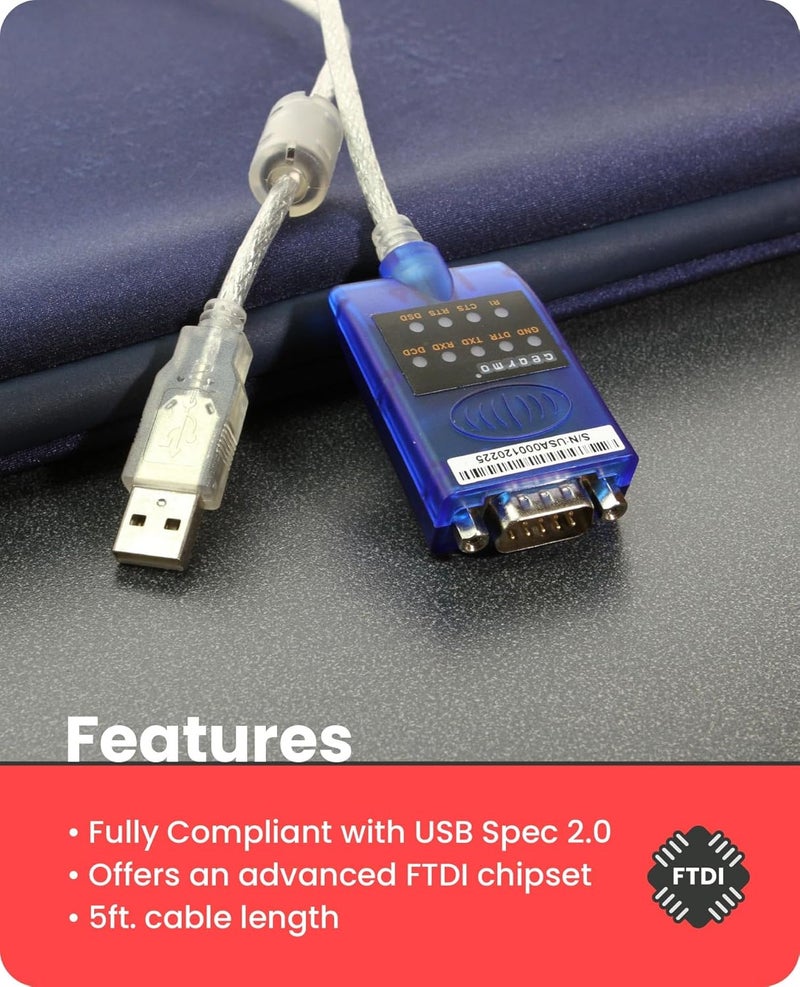 Gearmo USB to Serial RS-232 Adapter with LED Indicators, FTDI Chipset, Supports Windows 11/10/8.1/8/7, Mac OS X 10.6 and Above - Image 5