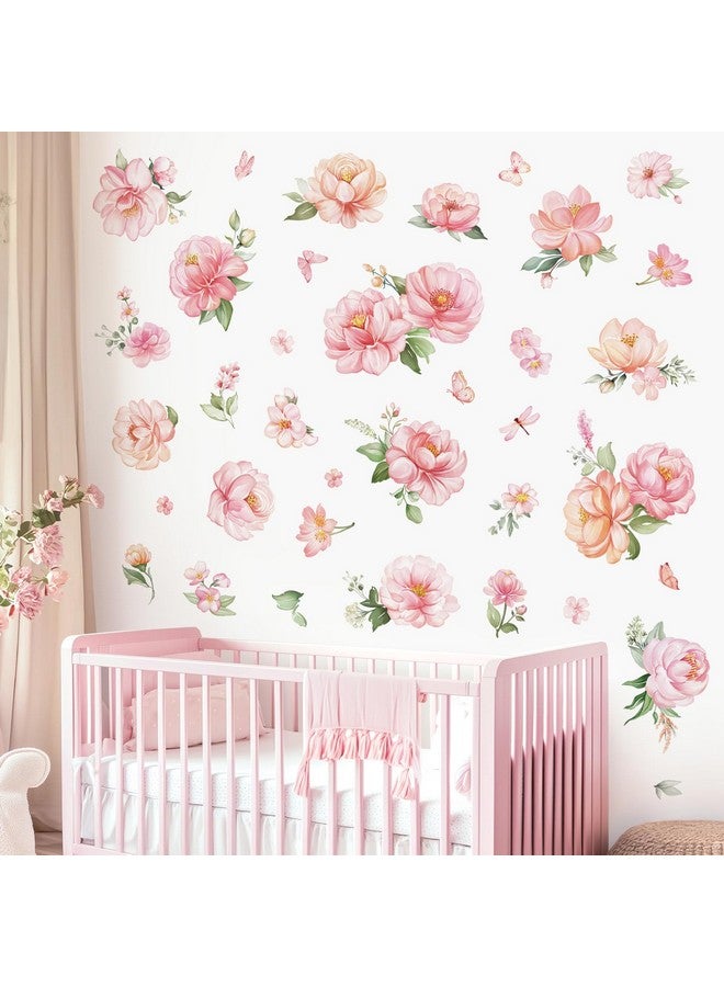 decalmile Pink Peony Flower Wall Stickers Watercolor Floral Wall Decals Baby Nursery Girls Bedroom Living Room Wall Decor - Image 1
