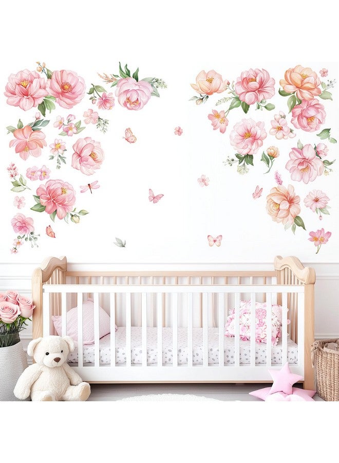 decalmile Pink Peony Flower Wall Stickers Watercolor Floral Wall Decals Baby Nursery Girls Bedroom Living Room Wall Decor - Image 3