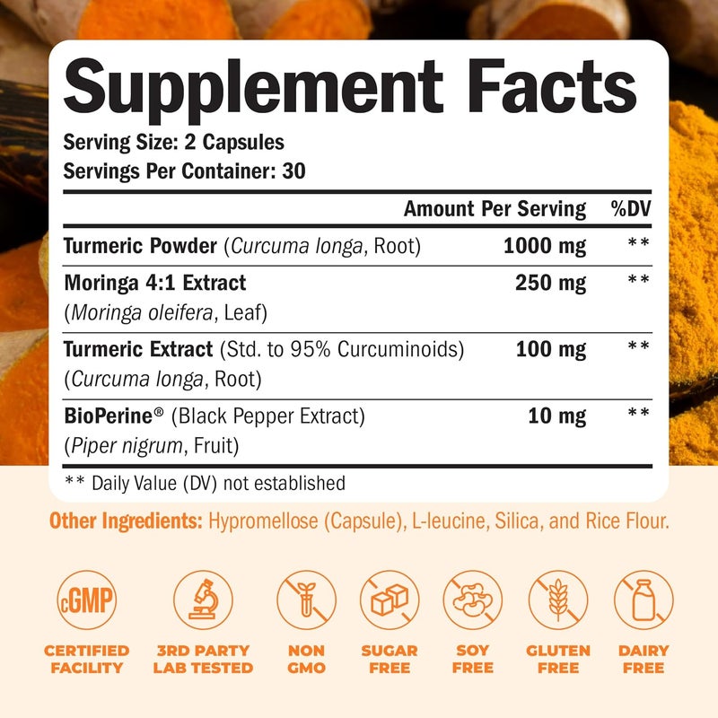 Vimerson Health Turmeric Supplement with Moringa Leaf Joint Supplements for Women  Men  Moringa Oleifera  Tumeric Curcumin with Black Pepper Premium Moringa Capsules for Joint Support Digestion Energy 2 Pack - Image 3