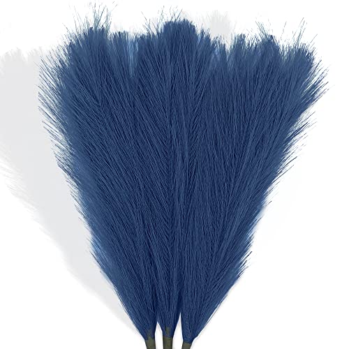 Acfruits Blue Pampas Grass Small, Navy Blue 3Pcs 17" Faux Pampas Grass Decor, Blue Pompas Grass Flower Arrangement and Vase Filler for Boho Home Wedding Decoration - Image 1