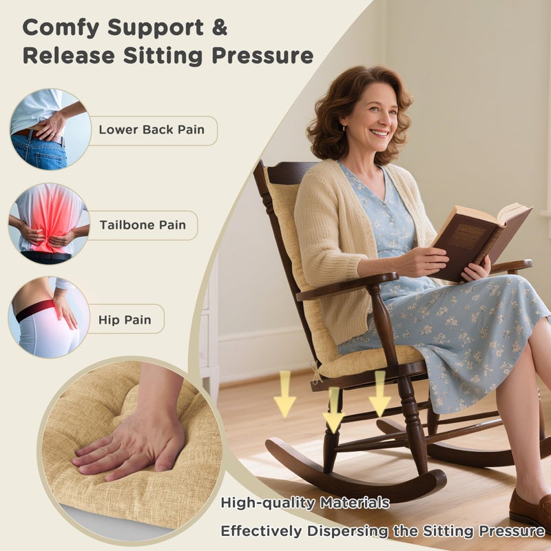 AddGrace Rocking Chair Cushions Indoor Tufted Cushions for Rocking Chairs with Ties Comfortable Textured Fabric Set of Seat & Back Cushion 21x17/17x17 Khaki - Image 3