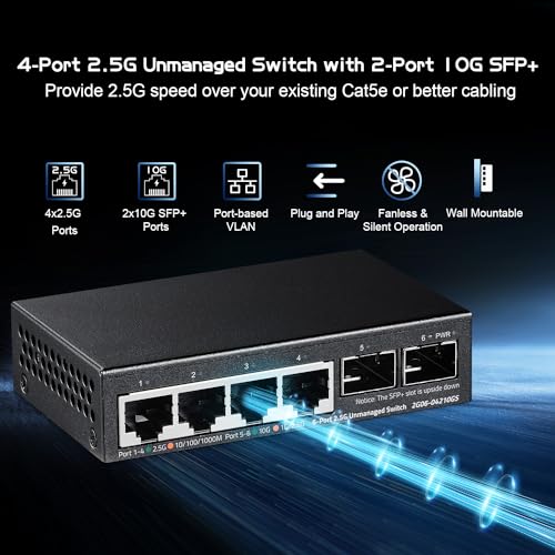 Binardat 4 Port 2.5G Switch with 2x10G SFP, 4x2.5 Gigabit Ethernet Ports, Ultra-Mini Size, Support Vlan, Metal Unmanaged Multi-Gigabit Desktop/Wallmount Network Switch - Image 2