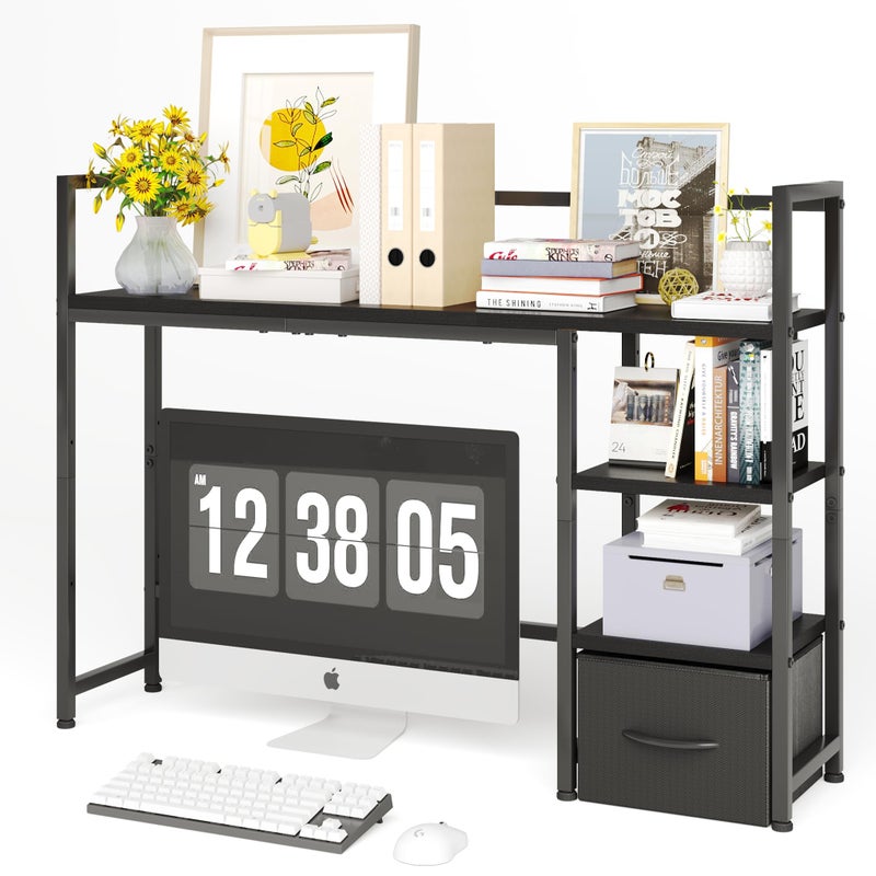 Mexin Desk Shelf with Drawer, 41.3" Desktop Organizer Shelf, Desk Hutch for Computer Monitor Max 32", 3 Tier Desktop Display Rack, Wooden Desk Top Bookshelf Storage Rack for Home Office Dorm, Black - Image 1