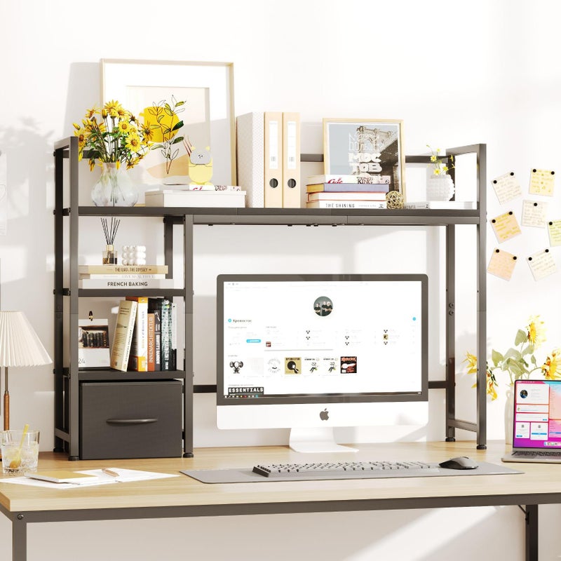 Mexin Desk Shelf with Drawer, 41.3" Desktop Organizer Shelf, Desk Hutch for Computer Monitor Max 32", 3 Tier Desktop Display Rack, Wooden Desk Top Bookshelf Storage Rack for Home Office Dorm, Black - Image 3