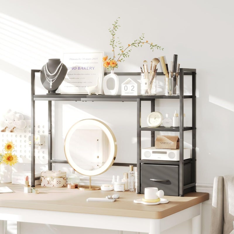 Mexin Desk Shelf with Drawer, 41.3" Desktop Organizer Shelf, Desk Hutch for Computer Monitor Max 32", 3 Tier Desktop Display Rack, Wooden Desk Top Bookshelf Storage Rack for Home Office Dorm, Black - Image 4