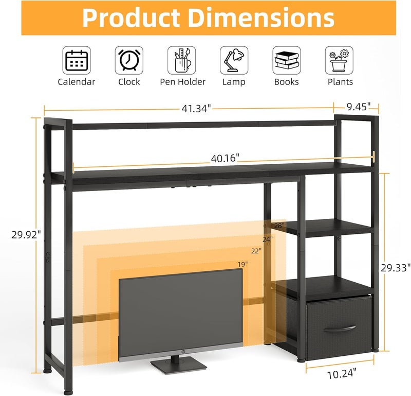 Mexin Desk Shelf with Drawer, 41.3" Desktop Organizer Shelf, Desk Hutch for Computer Monitor Max 32", 3 Tier Desktop Display Rack, Wooden Desk Top Bookshelf Storage Rack for Home Office Dorm, Black - Image 2