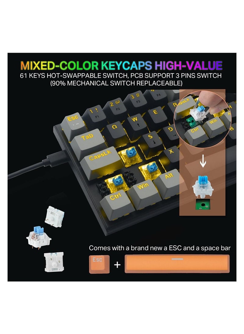 E-YOOSO - Z-11 60% Mechanical Gaming Keyboard,Blue Switch 61 Keys Wired Compact Keyboard,Yellow Backlit and Metal Panel for Windows,Mac OS-Black Grey - Image 1