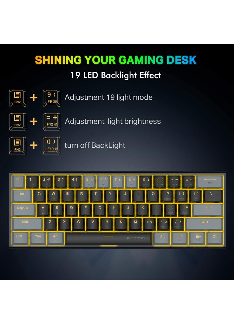 E-YOOSO - Z-11 60% Mechanical Gaming Keyboard,Blue Switch 61 Keys Wired Compact Keyboard,Yellow Backlit and Metal Panel for Windows,Mac OS-Black Grey - Image 1