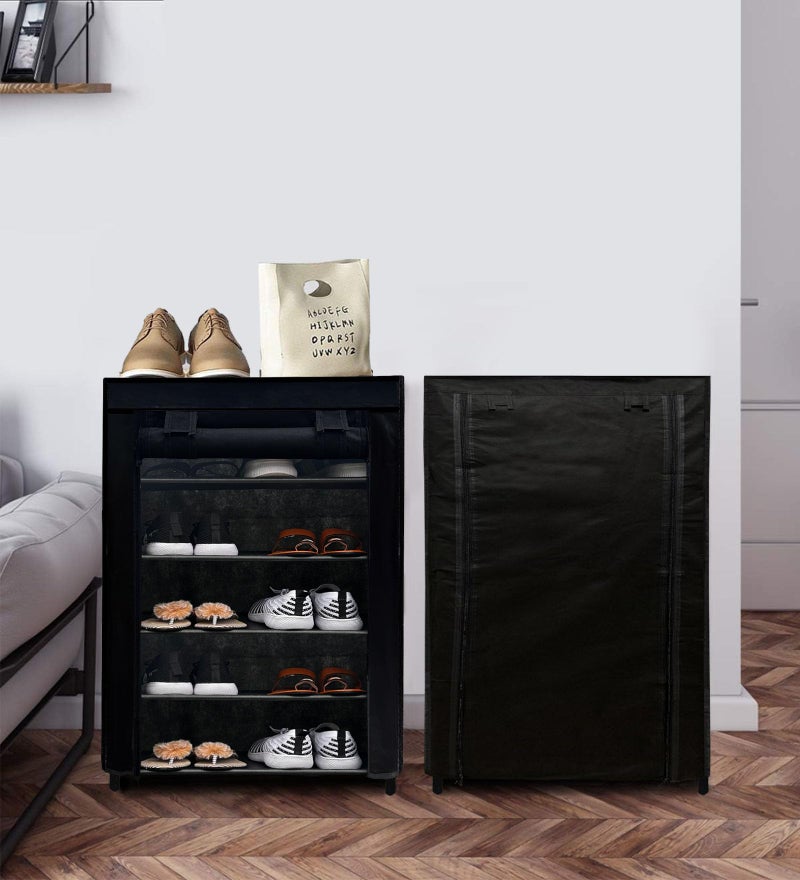 ROBMOB® 5 Tier Metal Shoe Rack Collapsible Shoe Organiser with Adjustable Shelves Space Saving Lightweight Racks Foldable Sneaker Footwear Best for Men, Women, Boots, Slippers (Black Cover) - Image 1