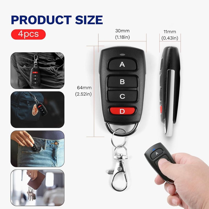 4 PCS Universal Duplicator Remote Garage Door Remote, 433.92 Mhz Remote for Gate, Remote Control Key Fob, Replacement Garage Door Electric Gate, Cloning Remote Control Keychain (4 PCS) - Image 2