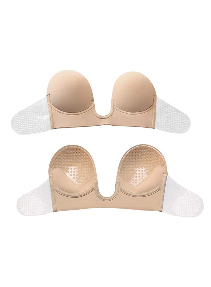 SOLARAE Push Up Plunge, 1 Pcs Strapless Sticky Adhesive Bra, Women Strapless Deep U-Shaped Silicone Bra, Invisible Backless Reusable Magic Bra (D-Cup- Apricot) - Image 1