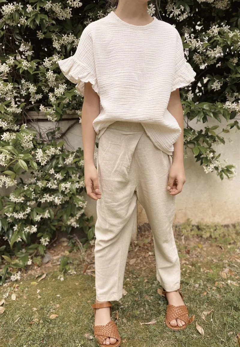 Cigit Cross Pleated Linen Trousers 2-7 Years Natural