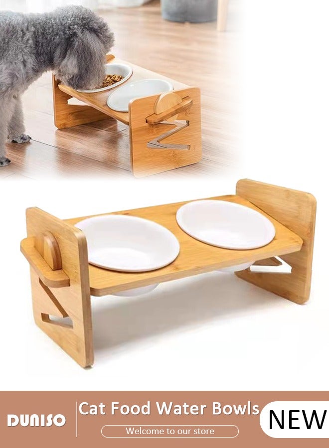 Cat Food Water Bowls,Elevated Double Cat Dog Bowls,15° Tilted Raised Ceramic Cat Feeding Dishes with Bamboo Stand Anti Vomiting for Indoor Cats Puppy Kitty Whisker Fatigue, Protect Pet's Spine, Non-Slip