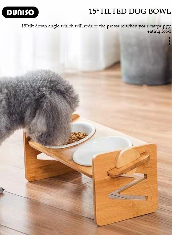 Cat Food Water Bowls,Elevated Double Cat Dog Bowls,15° Tilted Raised Ceramic Cat Feeding Dishes with Bamboo Stand Anti Vomiting for Indoor Cats Puppy Kitty Whisker Fatigue, Protect Pet's Spine, Non-Slip