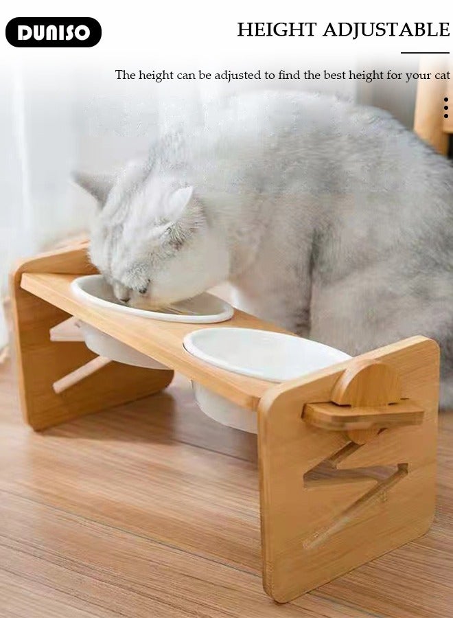 Cat Food Water Bowls,Elevated Double Cat Dog Bowls,15° Tilted Raised Ceramic Cat Feeding Dishes with Bamboo Stand Anti Vomiting for Indoor Cats Puppy Kitty Whisker Fatigue, Protect Pet's Spine, Non-Slip