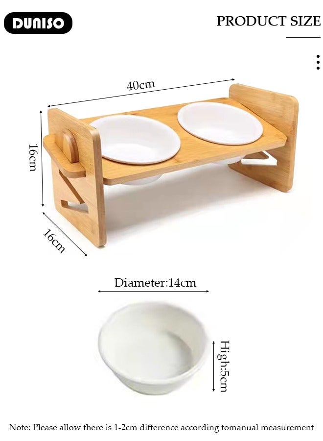 Cat Food Water Bowls,Elevated Double Cat Dog Bowls,15° Tilted Raised Ceramic Cat Feeding Dishes with Bamboo Stand Anti Vomiting for Indoor Cats Puppy Kitty Whisker Fatigue, Protect Pet's Spine, Non-Slip