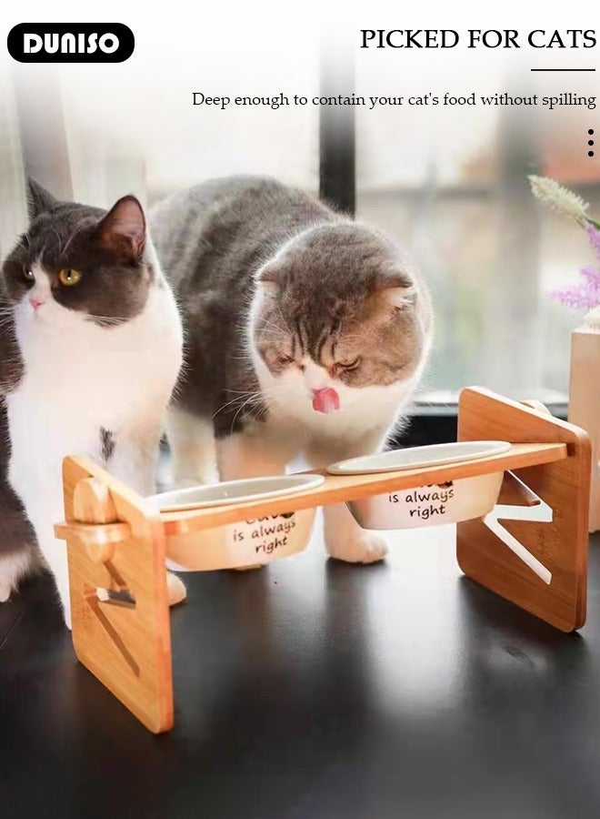 Cat Food Water Bowls,Elevated Double Cat Dog Bowls,15° Tilted Raised Ceramic Cat Feeding Dishes with Bamboo Stand Anti Vomiting for Indoor Cats Puppy Kitty Whisker Fatigue, Protect Pet's Spine, Non-Slip