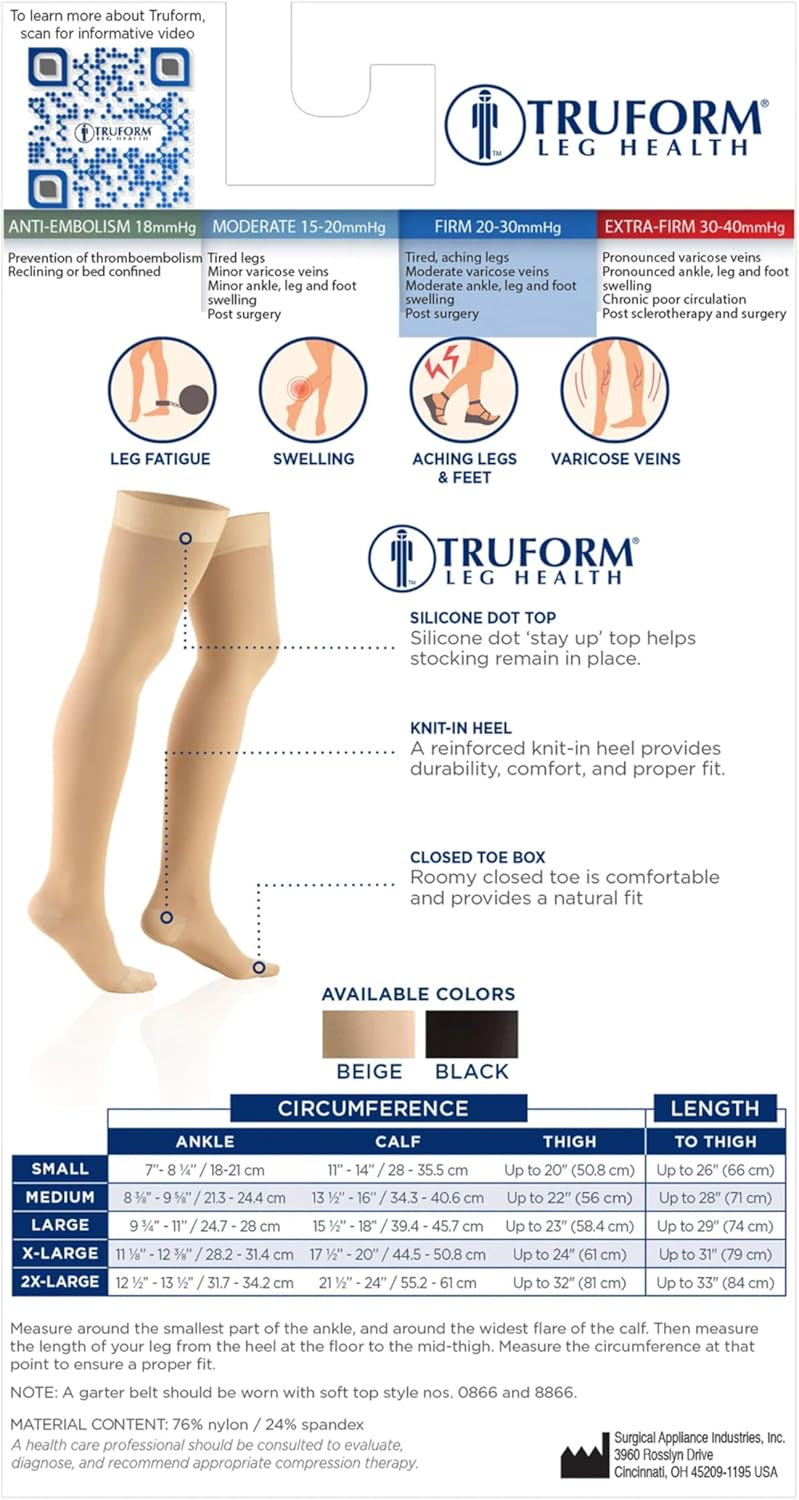 Truform جوارب ضغط Truform 20-30 مم زئبقي للرجال والنساء، بطول فخذ، تصميم رأس نقطي، أصابع مغلقة، بيج، كبير - Image 5