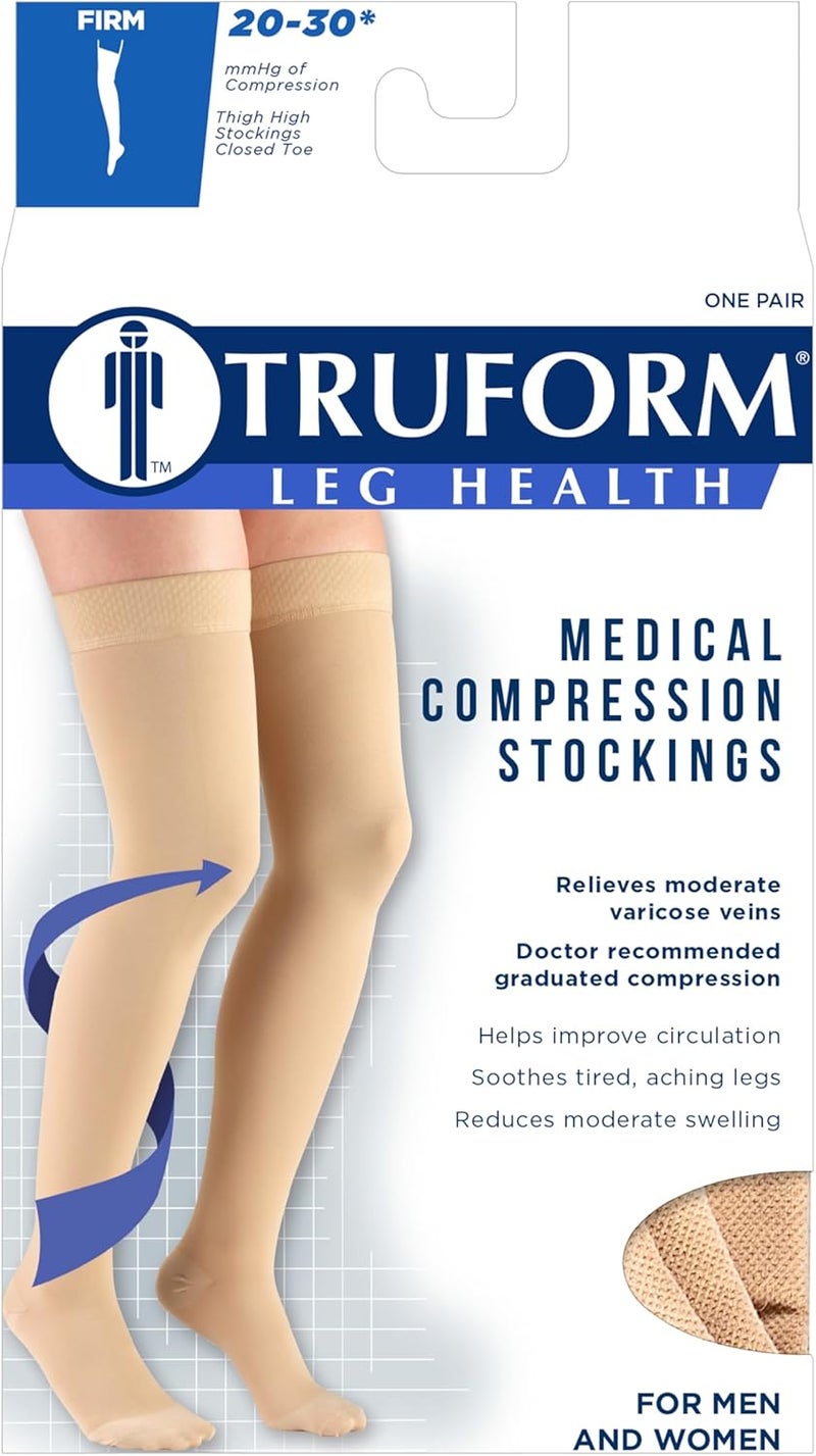 Truform جوارب ضغط Truform 20-30 مم زئبقي للرجال والنساء، بطول فخذ، تصميم رأس نقطي، أصابع مغلقة، بيج، كبير - Image 4