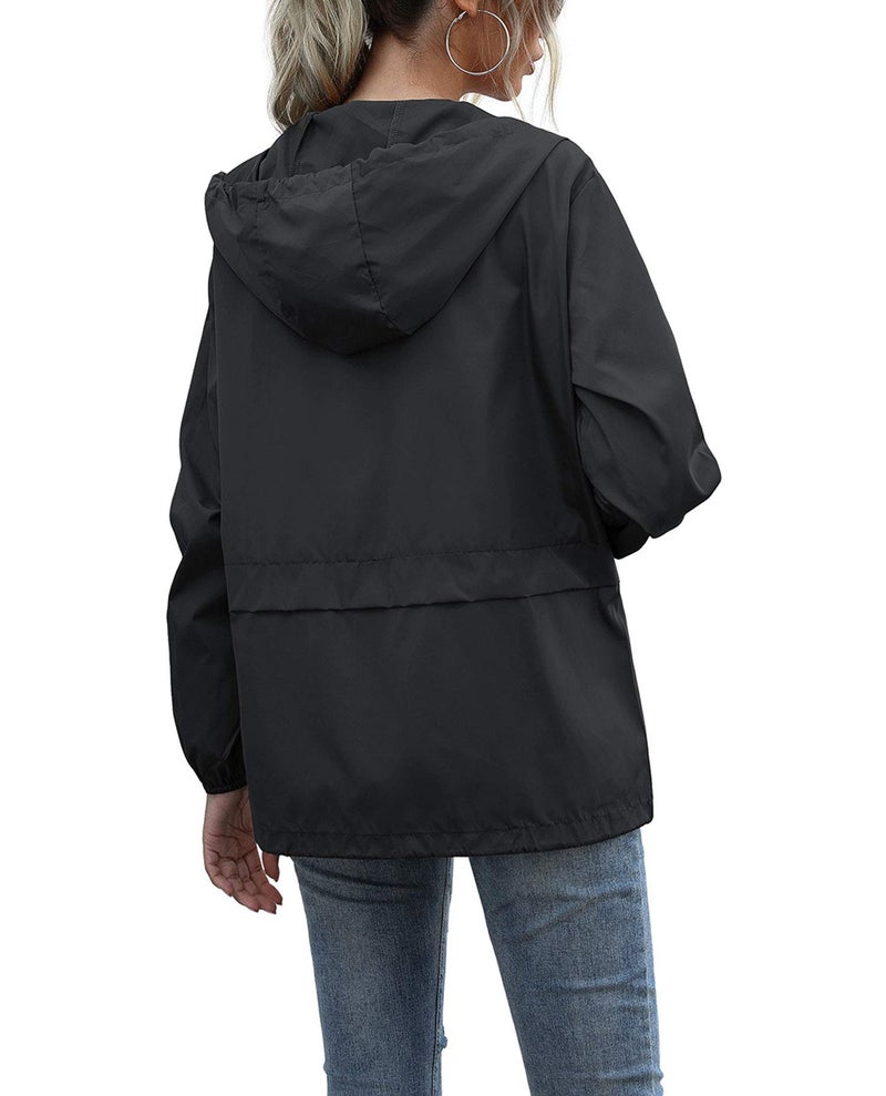 PESION Women's Waterproof Hooded Raincoat Lightweight Rain Jacket Black Windbreaker with Pocket for Outdoor Black XL - Image 3