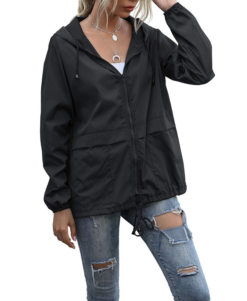 PESION Women's Waterproof Hooded Raincoat Lightweight Rain Jacket Black Windbreaker with Pocket for Outdoor Black XL - Image 1