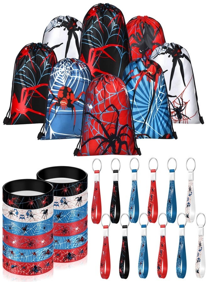 Lothee 32 Pieces Spider Party Favors Halloween Spiderweb Themed Birthday Party Decoration Drawstring Bags Goodie Bags Backpack with Rubber Bracelets Wristlet Keychain for Birthday Supplies(Spiderweb) - Image 1