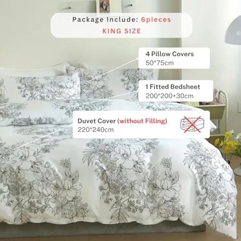 Loquat King size 6 piece floral bedding set in black and white vintage style. - Image 2
