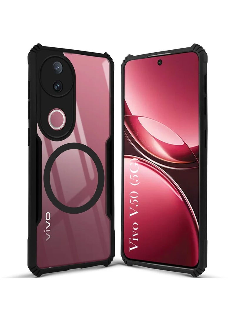 Techie Vivo V50 5G Case - TPU Bumper Cover with Camera Protection Anti-Yellowing Clear Back Shockproof Airbag Corners & Magnetic Metal Ring Support – Clear Black - Image 1